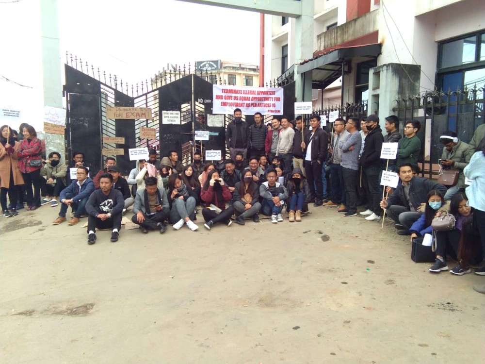Members of CTAN and CEAN staging sit-in protest at NPWD Directorate in Kohima on December 16, 2019. (Morung File Photo)